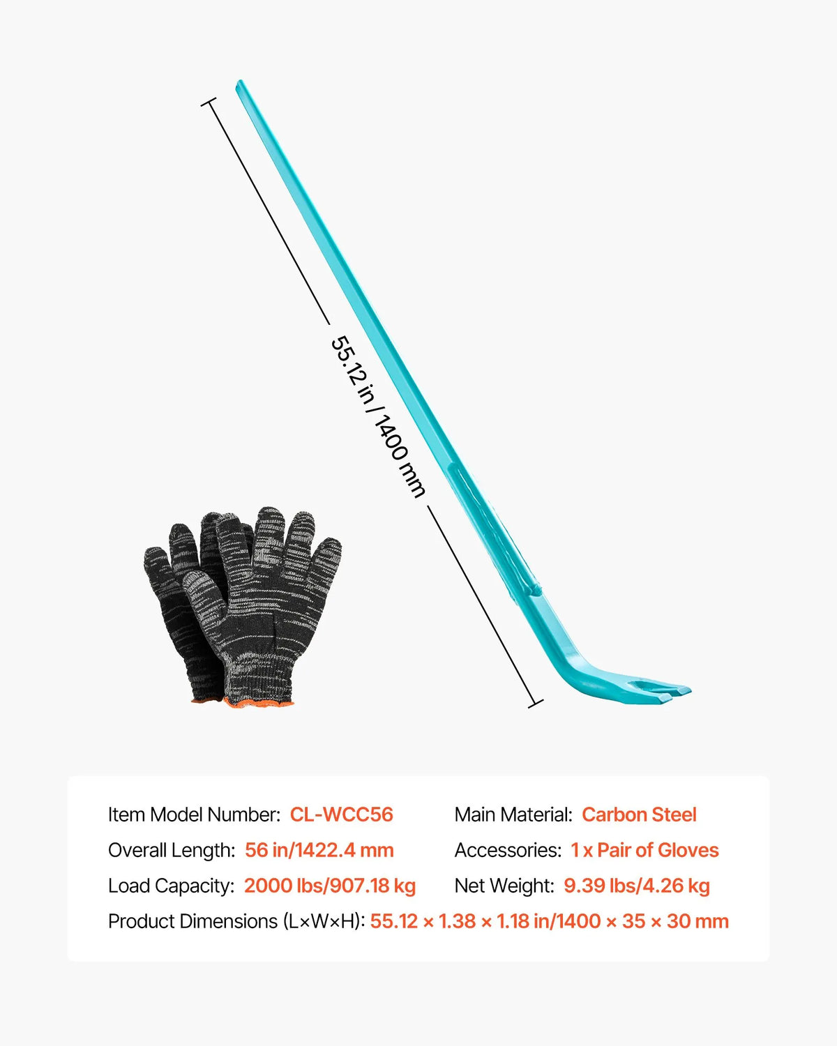 VEVOR Pry Bar with Lever Mechanism, 907 kg Load Capacity, 1.3 m Carbon Steel Handle, 1.4 m Long Demolition Bar for Concrete and Dismantling, Construction and Industrial Use