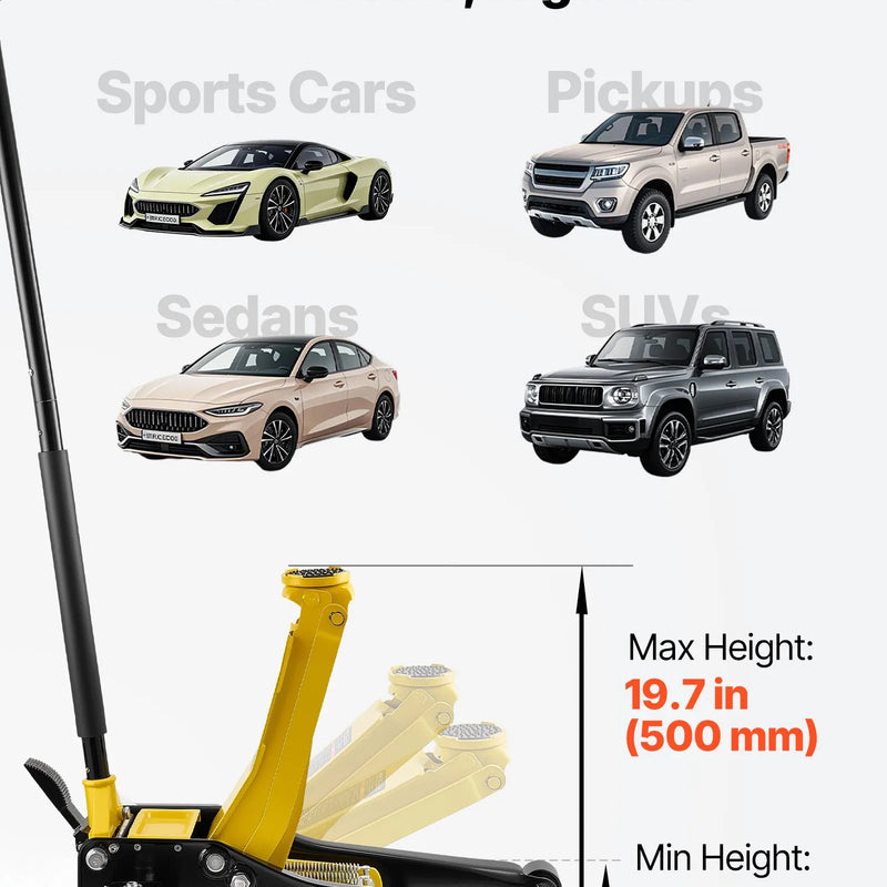 VEVOR zema profila hidrauliskais grīdas domkrats, 3 t celtspēja, tērauda sacīkšu tipa domkrats ar divvirzuļu ātrās pacelšanas sūkni un SUV adapteri, piemērots sporta auto un pikapiem, pacelšanas diapazons 75–500 mm - ZEMLETES.LV
