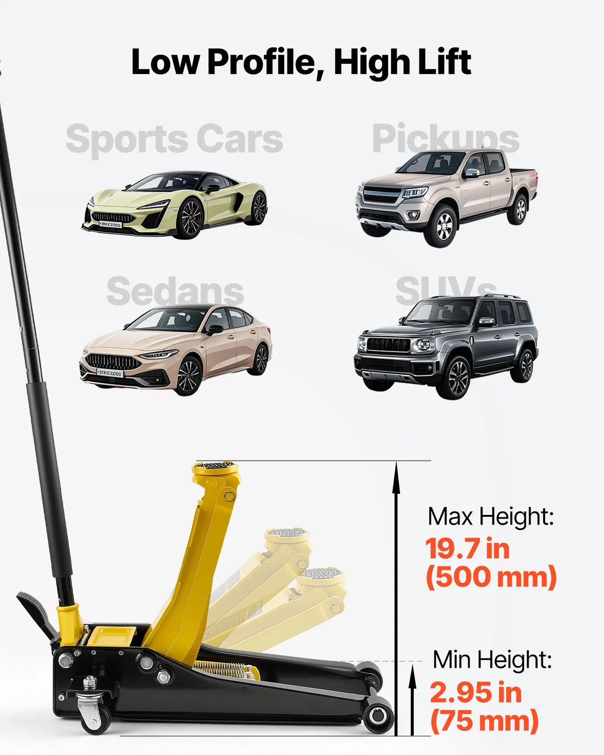 VEVOR zema profila hidrauliskais grīdas domkrats, 3 t celtspēja, tērauda sacīkšu tipa domkrats ar divvirzuļu ātrās pacelšanas sūkni un SUV adapteri, piemērots sporta auto un pikapiem, pacelšanas diapazons 75–500 mm - ZEMLETES.LV