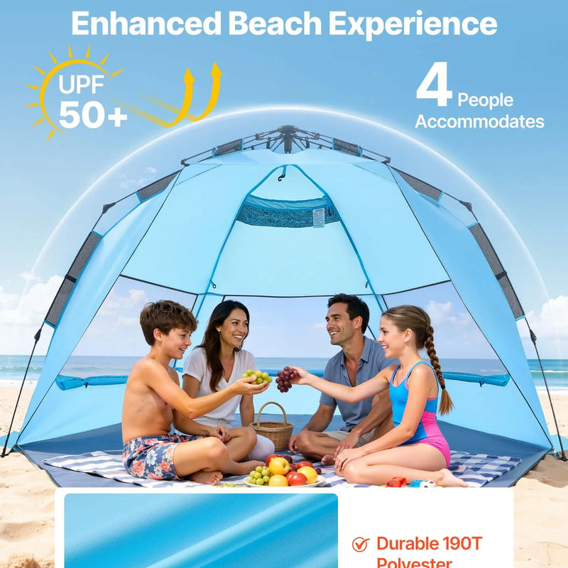 VEVOR pludmales telts nojume 4 personām ar automātisku atvēršanos, UPF 50+ aizsardzība, pārnēsājama saules nojume ar pārnēsāšanas somu un smilšu kabatām, viegli uzstādāma kempingam, makšķerēšanai un piknikiem brīvā dabā