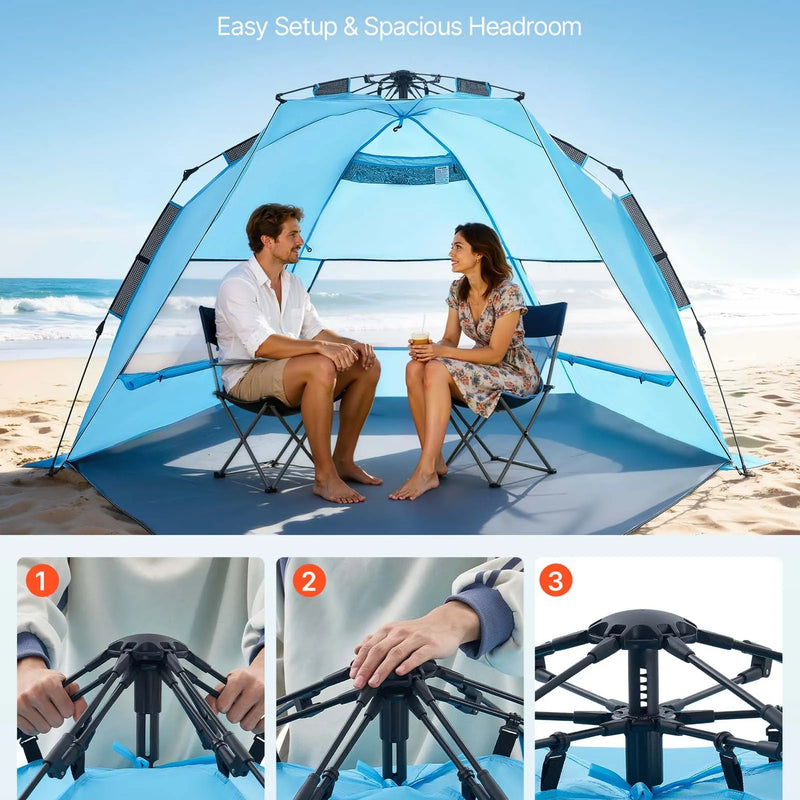 VEVOR pludmales telts nojume 4 personām ar automātisku atvēršanos, UPF 50+ aizsardzība, pārnēsājama saules nojume ar pārnēsāšanas somu un smilšu kabatām, viegli uzstādāma kempingam, makšķerēšanai un piknikiem brīvā dabā