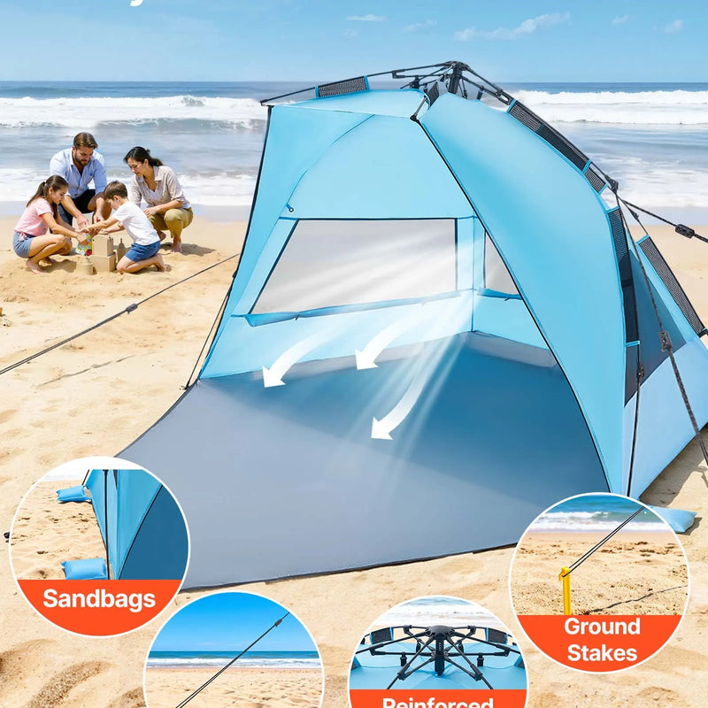 VEVOR pludmales telts nojume 4 personām ar automātisku atvēršanos, UPF 50+ aizsardzība, pārnēsājama saules nojume ar pārnēsāšanas somu un smilšu kabatām, viegli uzstādāma kempingam, makšķerēšanai un piknikiem brīvā dabā