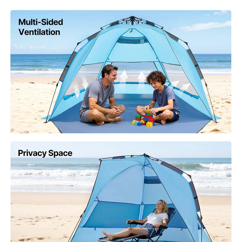 VEVOR pludmales telts nojume 4 personām ar automātisku atvēršanos, UPF 50+ aizsardzība, pārnēsājama saules nojume ar pārnēsāšanas somu un smilšu kabatām, viegli uzstādāma kempingam, makšķerēšanai un piknikiem brīvā dabā