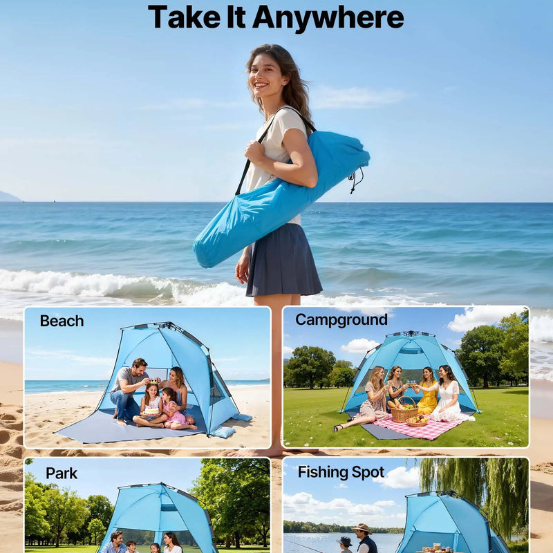 VEVOR pludmales telts nojume 4 personām ar automātisku atvēršanos, UPF 50+ aizsardzība, pārnēsājama saules nojume ar pārnēsāšanas somu un smilšu kabatām, viegli uzstādāma kempingam, makšķerēšanai un piknikiem brīvā dabā