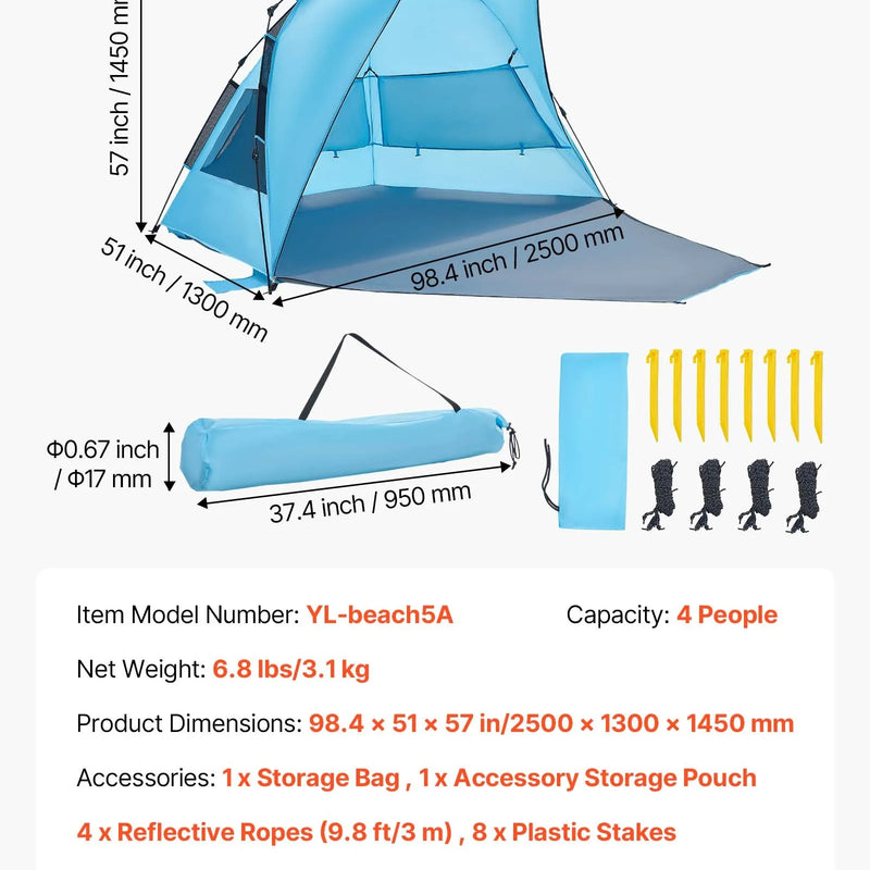 VEVOR pludmales telts nojume 4 personām ar automātisku atvēršanos, UPF 50+ aizsardzība, pārnēsājama saules nojume ar pārnēsāšanas somu un smilšu kabatām, viegli uzstādāma kempingam, makšķerēšanai un piknikiem brīvā dabā