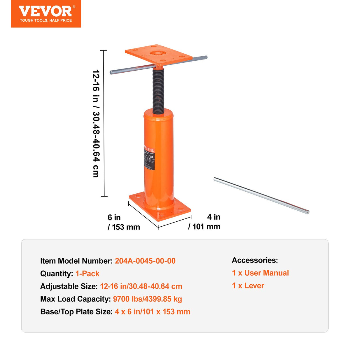 VEVOR Adjustable Floor Jack for Home Floor Levelling, Lifting Height 30.48–40.64 cm