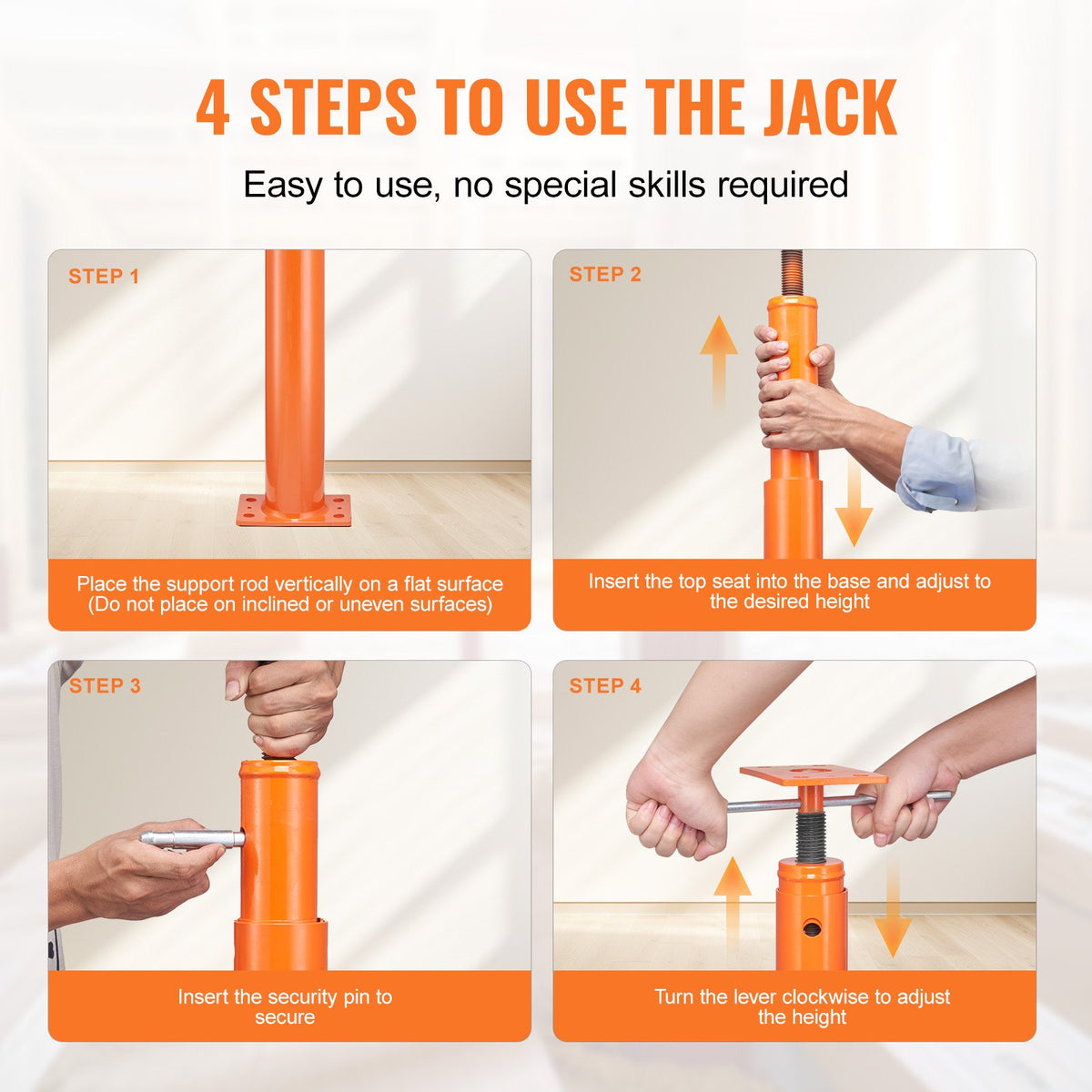 VEVOR Adjustable Floor Jack for Home Floor Levelling, Lifting Height 137-381 cm