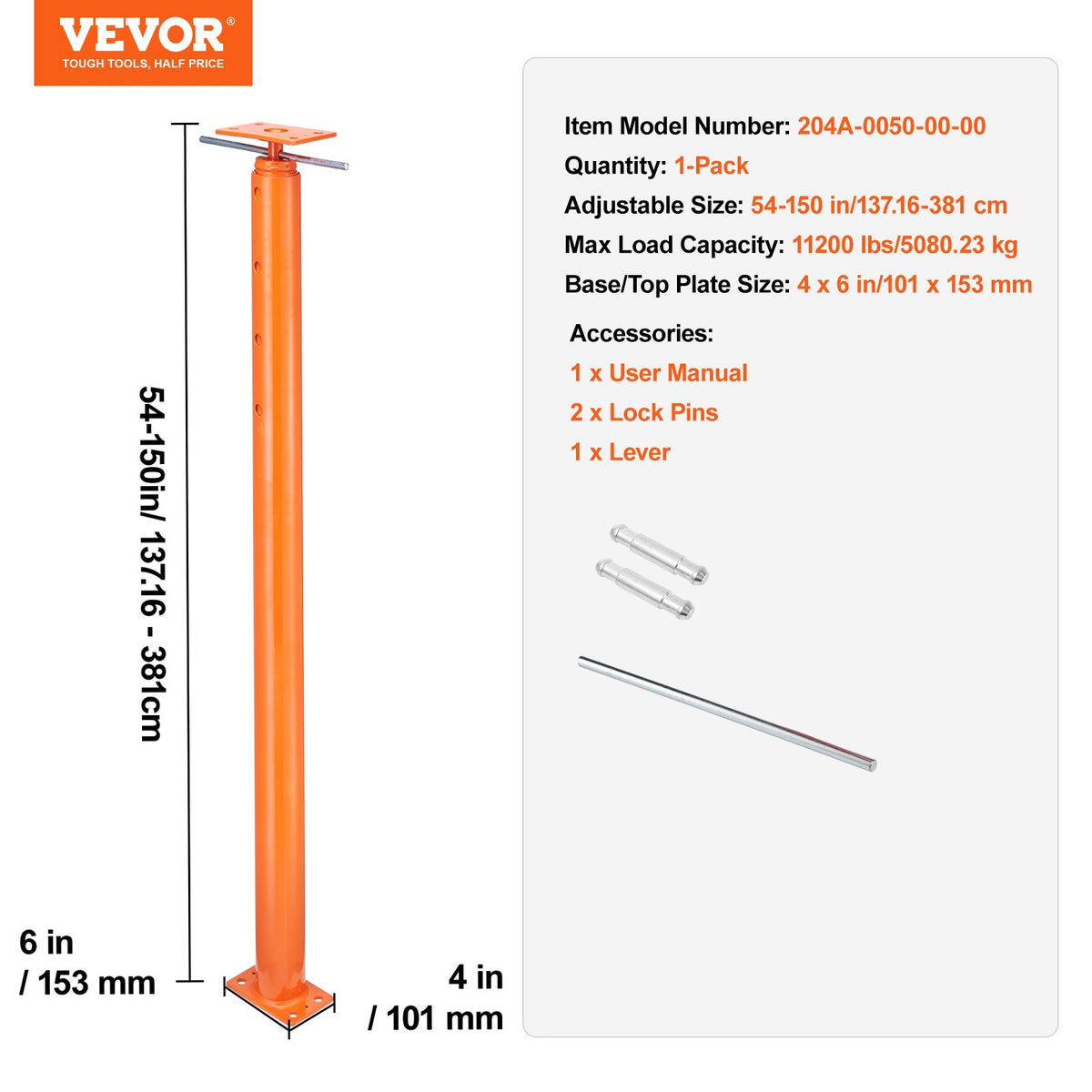 VEVOR Adjustable Floor Jack for Home Floor Levelling, Lifting Height 137-381 cm