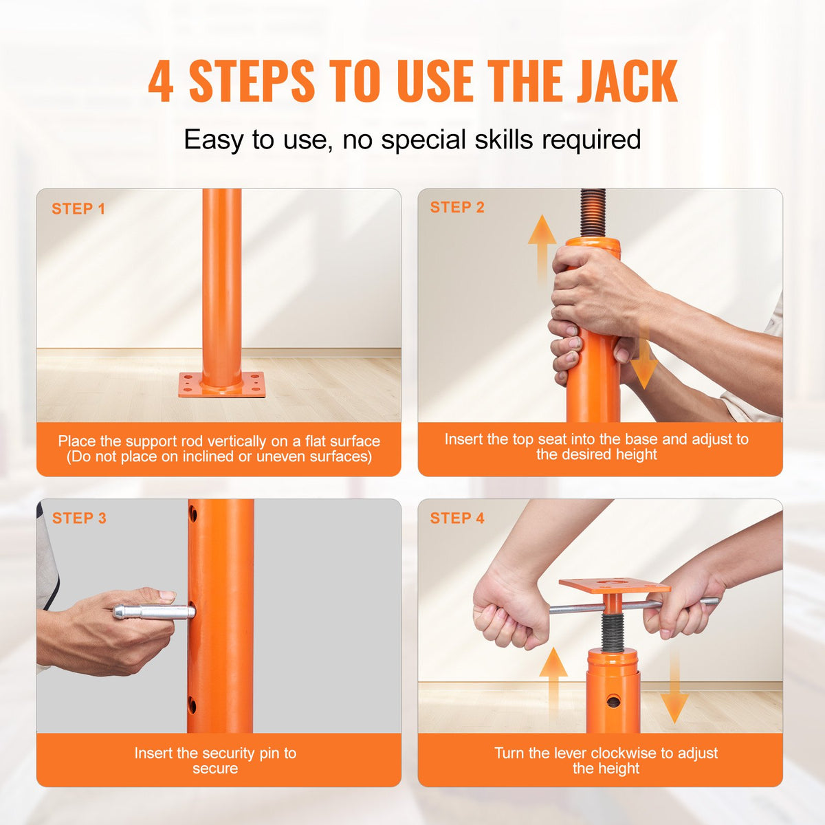 VEVOR Adjustable Floor Jack for Home Floor Levelling, Lifting Height 134.62–236.22 cm