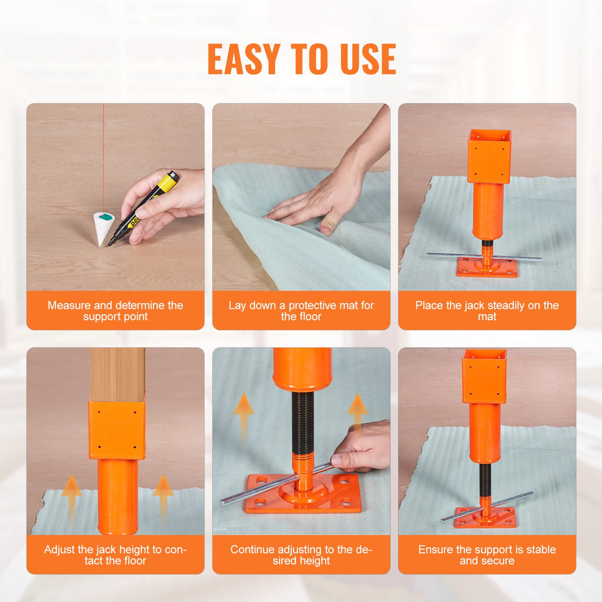 VEVOR Adjustable Floor Jack for Levelling Home Floors, Lifting Height 29.46–40.64 cm
