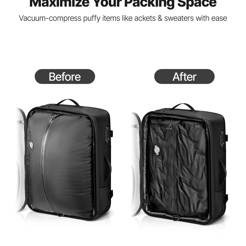 VEVOR 65 L vakuuma ceļojumu mugursoma ar paplašināmu vakuuma saspiešanas nodalījumu, TSA apstiprinātu slēdzeni, vairākiem kabatu un nodalījumu tipiem, ūdensizturīgu pārklājumu, piemērota kā rokas bagāža, melna
