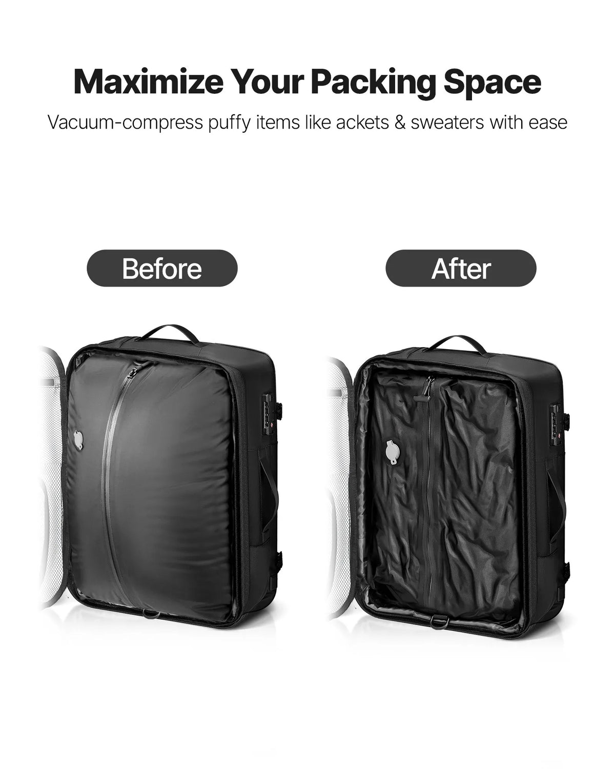 VEVOR 65 L Vacuum Travel Backpack with Expandable Vacuum Compression Compartment, TSA-Approved Lock, Multiple Pocket and Compartment Types, Water-Resistant Coating, Suitable as Hand Luggage, Black