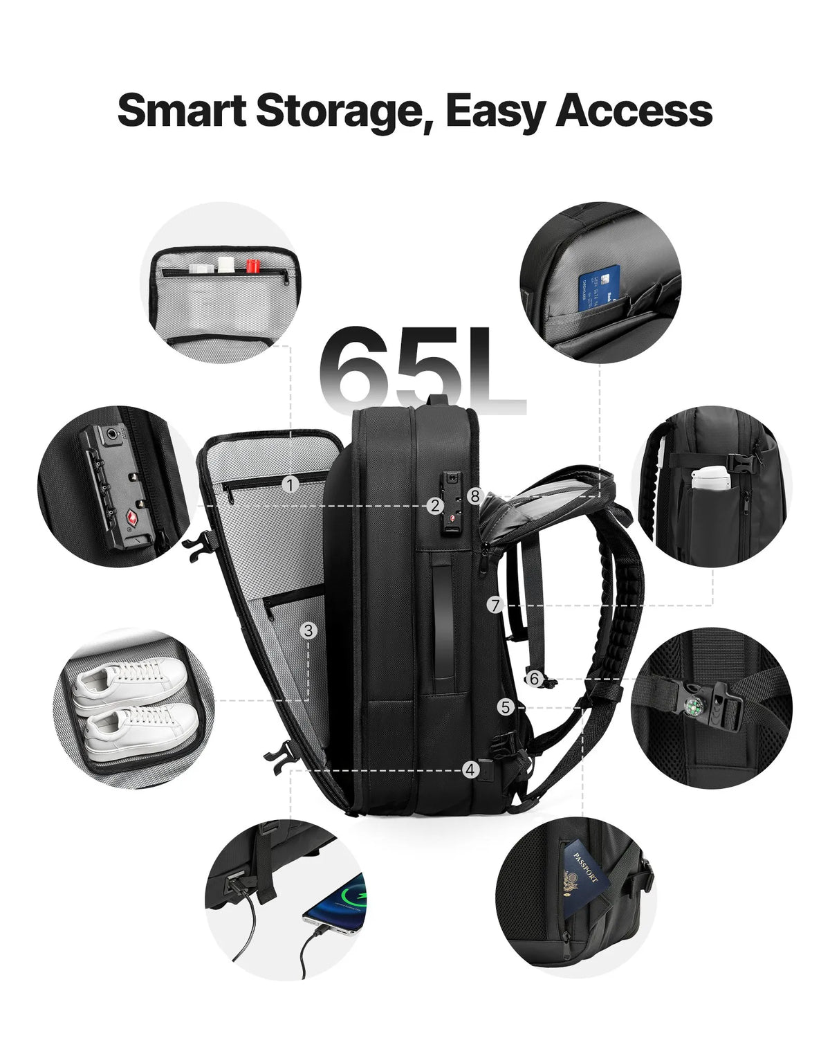 VEVOR 65 L Vacuum Travel Backpack with Expandable Vacuum Compression Compartment, TSA-Approved Lock, Multiple Pocket and Compartment Types, Water-Resistant Coating, Suitable as Hand Luggage, Black