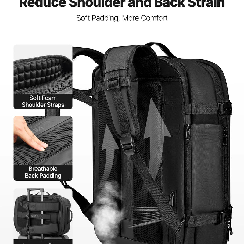 VEVOR 65 L vakuuma ceļojumu mugursoma ar paplašināmu vakuuma saspiešanas nodalījumu, TSA apstiprinātu slēdzeni, vairākiem kabatu un nodalījumu tipiem, ūdensizturīgu pārklājumu, piemērota kā rokas bagāža, melna
