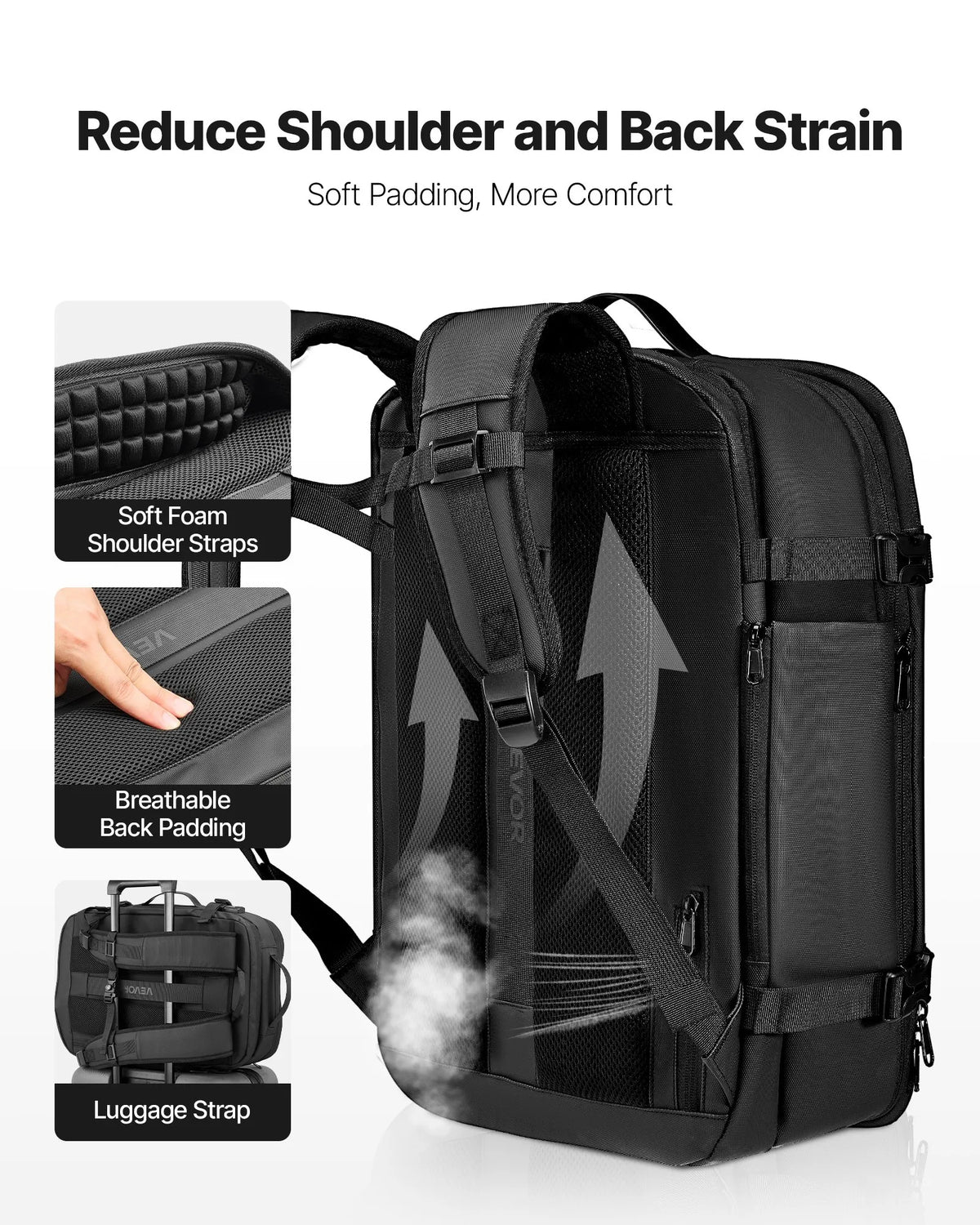 VEVOR 65 L Vacuum Travel Backpack with Expandable Vacuum Compression Compartment, TSA-Approved Lock, Multiple Pocket and Compartment Types, Water-Resistant Coating, Suitable as Hand Luggage, Black