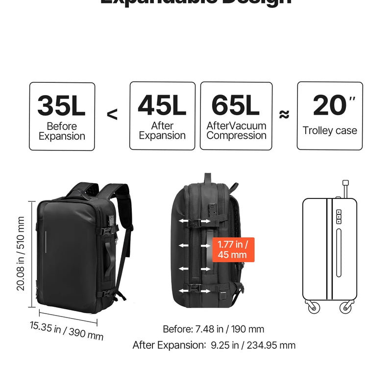 VEVOR 65 L vakuuma ceļojumu mugursoma ar paplašināmu vakuuma saspiešanas nodalījumu, TSA apstiprinātu slēdzeni, vairākiem kabatu un nodalījumu tipiem, ūdensizturīgu pārklājumu, piemērota kā rokas bagāža, melna