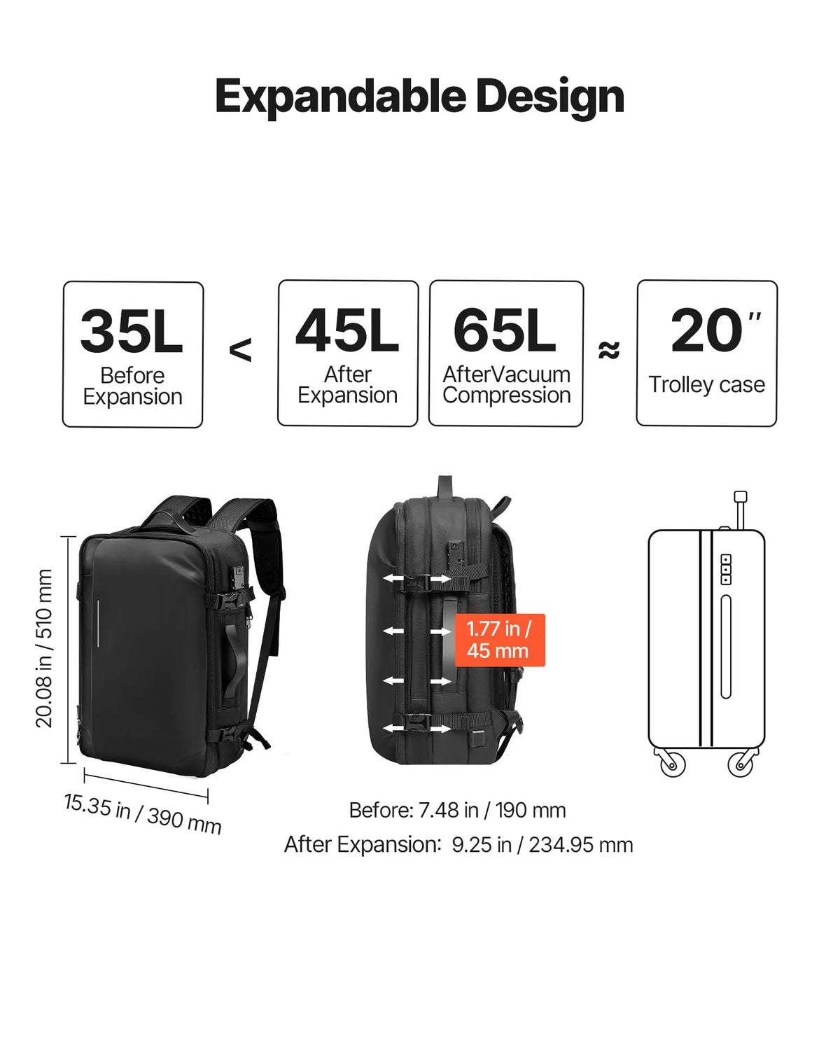 VEVOR 65 L Vacuum Travel Backpack with Expandable Vacuum Compression Compartment, TSA-Approved Lock, Multiple Pocket and Compartment Types, Water-Resistant Coating, Suitable as Hand Luggage, Black