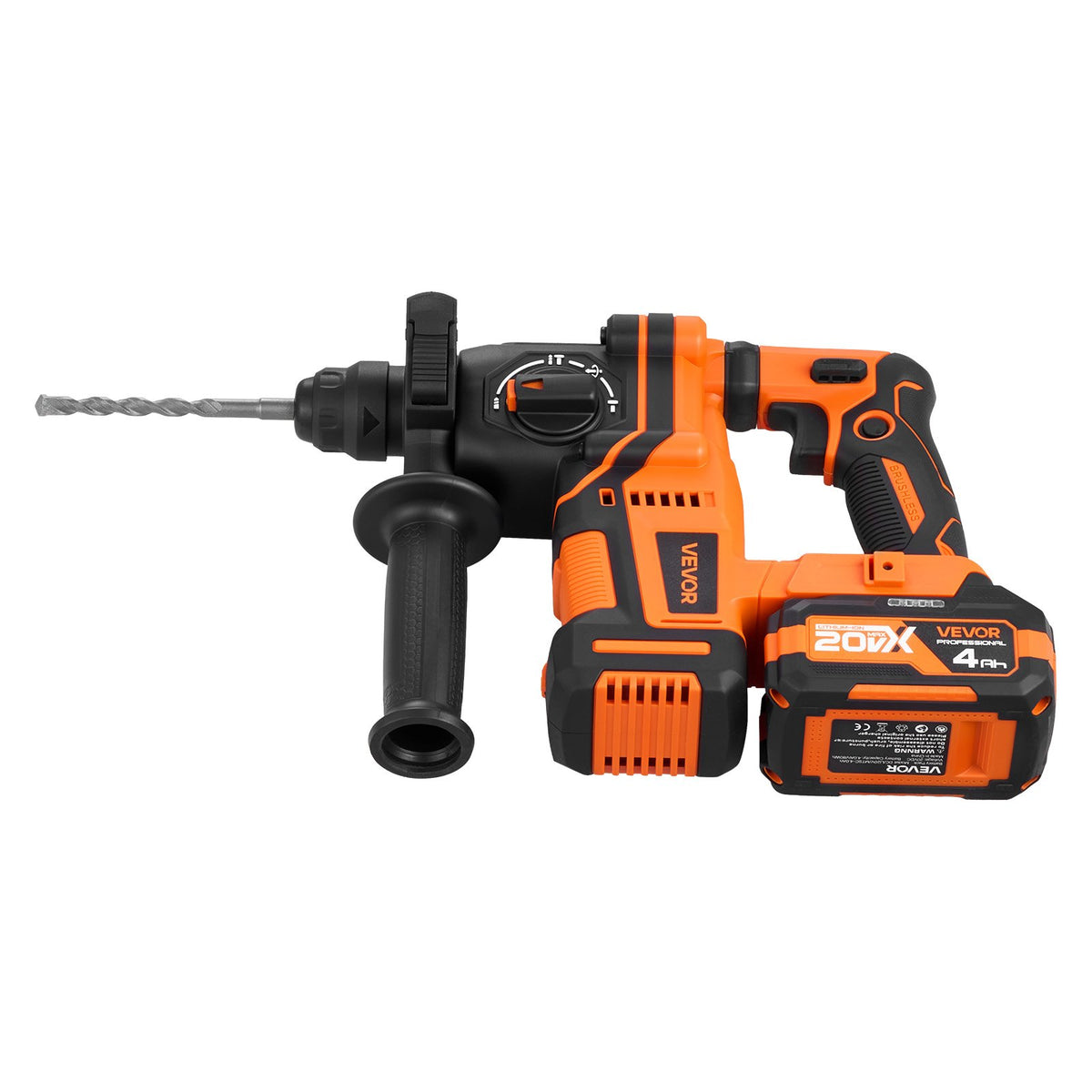VEVOR 20 mm juhtmeta pöörlev puur-vasar SDS-Plus, 20 V akutoide, harjadeta mootor, komplektis aku, laadija, 3 puuriotsikut, lame ja terav meis, transpordikohver, betoonile