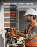 VEVOR 20 mm bezvadu rotācijas perforators SDS-Plus, 20 V akumulatora barošana, bezsuku motors, komplektā akumulators, lādētājs, 3 urbji, plakanais un smailais kalts, transportēšanas koferis, betonam