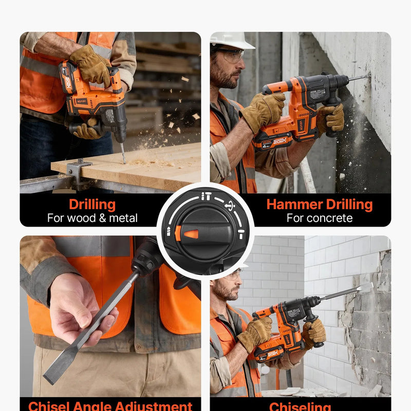 VEVOR 20 mm bezvadu rotācijas perforators SDS-Plus, 20 V akumulatora barošana, bezsuku motors, komplektā akumulators, lādētājs, 3 urbji, plakanais un smailais kalts, transportēšanas koferis, betonam