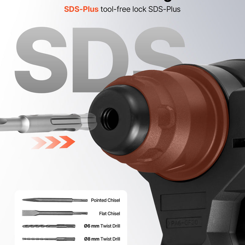 VEVOR 20 mm bezvadu rotācijas perforators SDS-Plus, 20 V akumulatora barošana, bezsuku motors, komplektā akumulators, lādētājs, 3 urbji, plakanais un smailais kalts, transportēšanas koferis, betonam