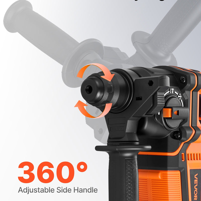 VEVOR 20 mm bezvadu rotācijas perforators SDS-Plus, 20 V akumulatora barošana, bezsuku motors, komplektā akumulators, lādētājs, 3 urbji, plakanais un smailais kalts, transportēšanas koferis, betonam