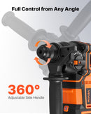 VEVOR 20 mm bezvadu rotācijas perforators SDS-Plus, 20 V akumulatora barošana, bezsuku motors, komplektā akumulators, lādētājs, 3 urbji, plakanais un smailais kalts, transportēšanas koferis, betonam