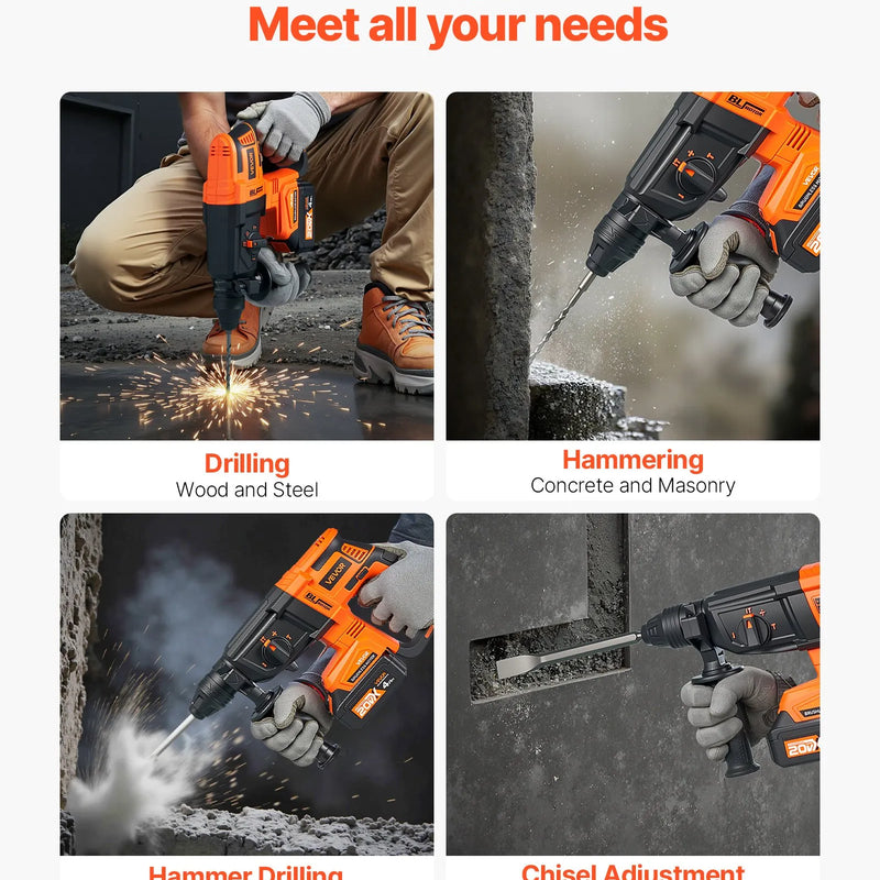 VEVOR 20 V bezsuku akumulatora triecienurbjmašīna, litija-jonu 1 collas rotācijas perforators ar SDS-Plus, viegls elektriskais instrumentu komplekts ar akumulatoru un lādētāju, 4 darbības režīmi, 1200 apgr./min, 5300 sit./min