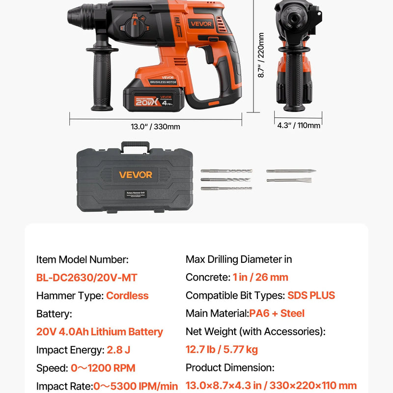 VEVOR 20 V bezsuku akumulatora triecienurbjmašīna, litija-jonu 1 collas rotācijas perforators ar SDS-Plus, viegls elektriskais instrumentu komplekts ar akumulatoru un lādētāju, 4 darbības režīmi, 1200 apgr./min, 5300 sit./min