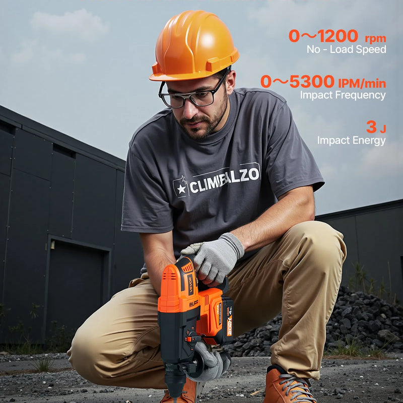 VEVOR 20 V bezsuku akumulatora triecienurbjmašīna, litija-jonu 1,1 collas rotācijas perforators ar SDS-Plus, viegls elektrisko instrumentu komplekts ar akumulatoru un lādētāju, 4 darbības režīmi, 1200 apgr./min, 5300 sit./min