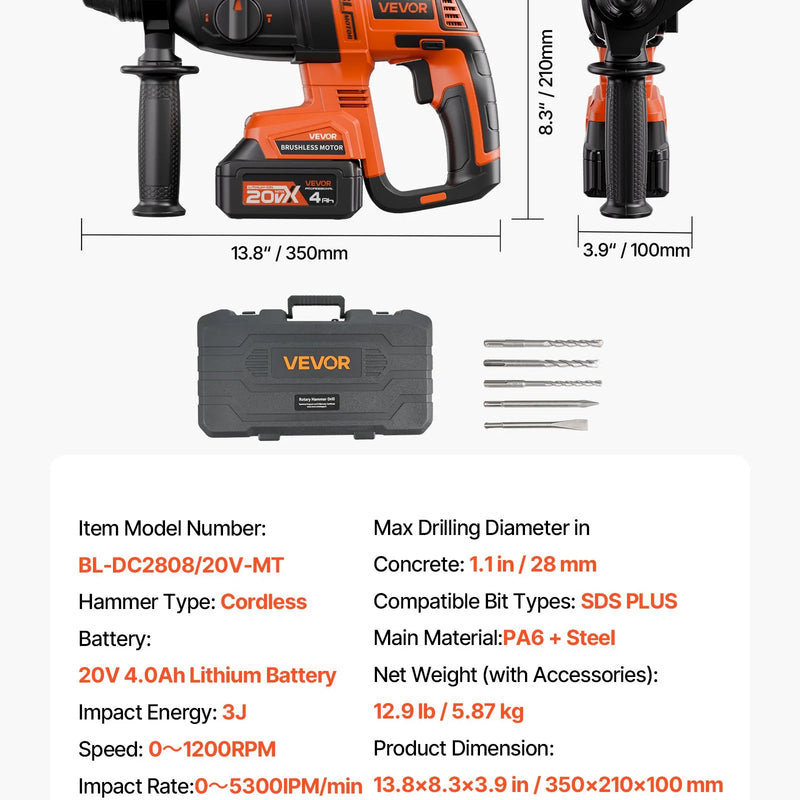 VEVOR 20 V bezsuku akumulatora triecienurbjmašīna, litija-jonu 1,1 collas rotācijas perforators ar SDS-Plus, viegls elektrisko instrumentu komplekts ar akumulatoru un lādētāju, 4 darbības režīmi, 1200 apgr./min, 5300 sit./min