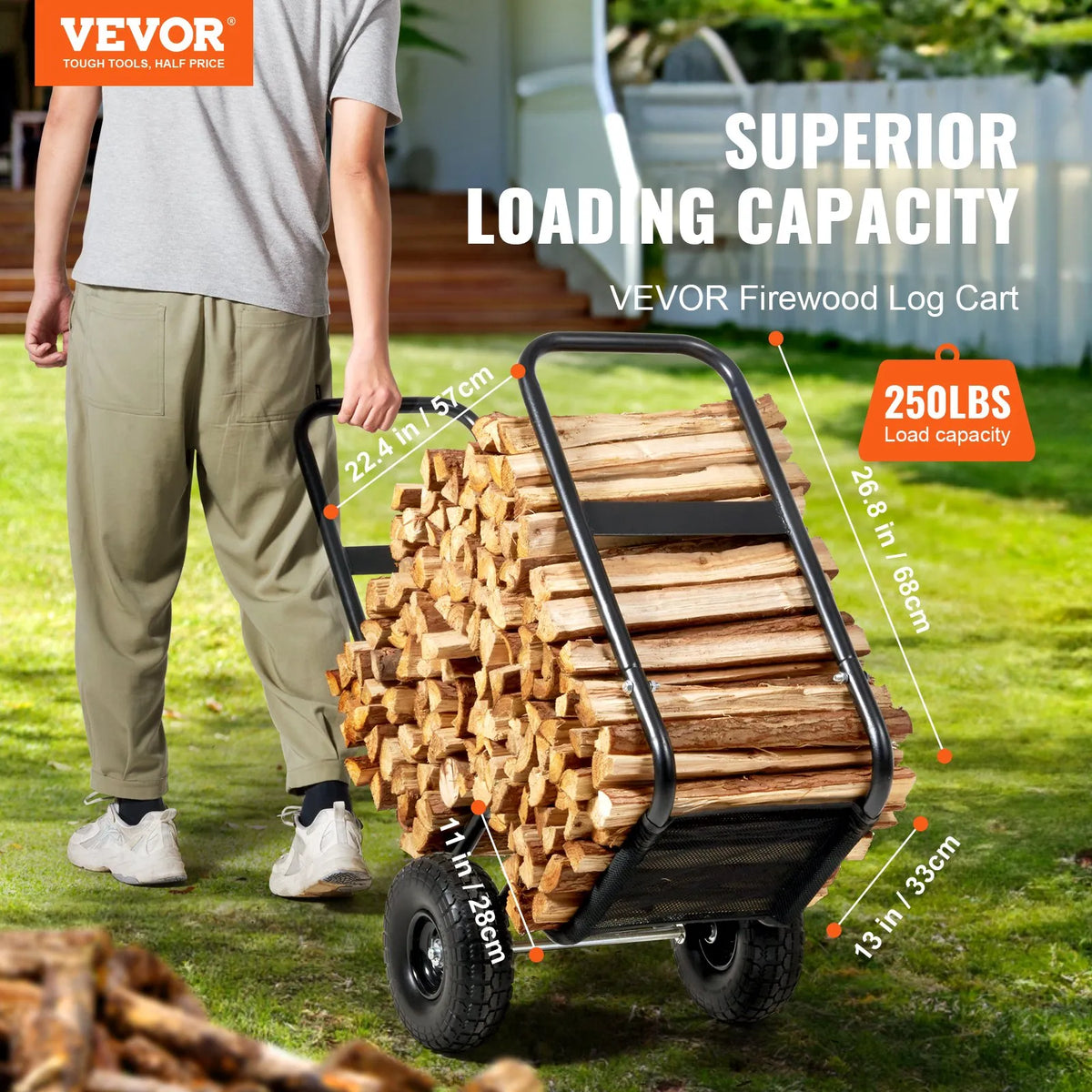 VEVOR Firewood Log Carrier Cart, 113.4 kg Load Capacity, Indoor and Outdoor Wood Storage Trolley with PU Wheels and Waterproof Cover, Durable Steel Frame, Firewood Cart for Fireplace and Fire Pit, Black