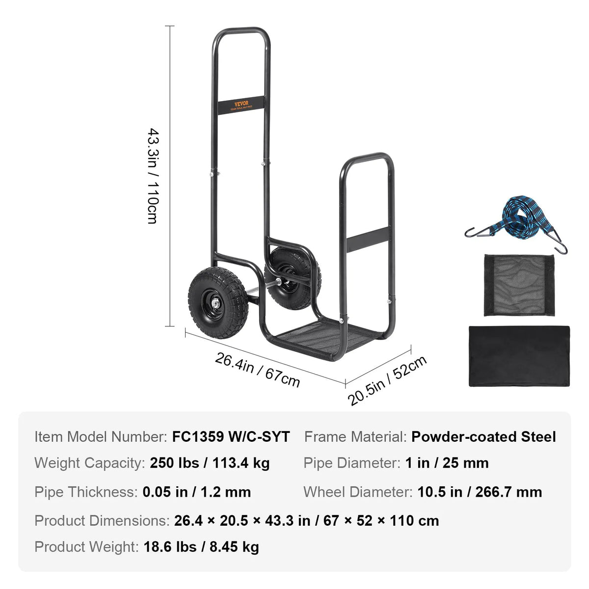 VEVOR Firewood Log Carrier Cart, 113.4 kg Load Capacity, Indoor and Outdoor Wood Storage Trolley with PU Wheels and Waterproof Cover, Durable Steel Frame, Firewood Cart for Fireplace and Fire Pit, Black