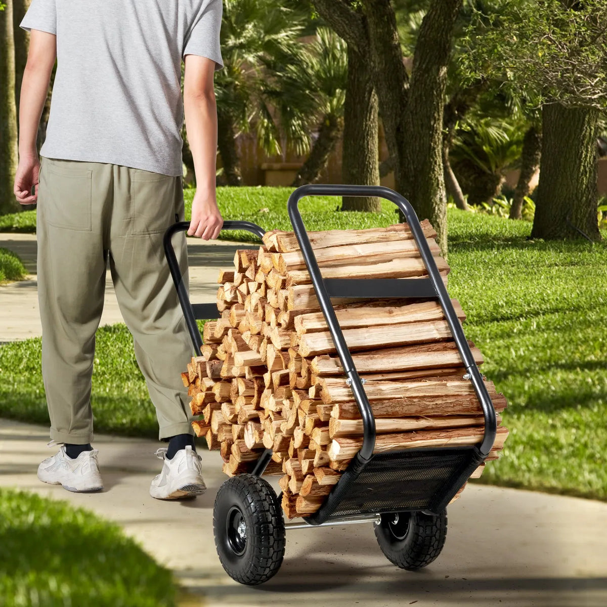 VEVOR Firewood Log Carrier Cart, 113.4 kg Load Capacity, Indoor and Outdoor Wood Storage Trolley with PU Wheels and Waterproof Cover, Durable Steel Frame, Firewood Cart for Fireplace and Fire Pit, Black