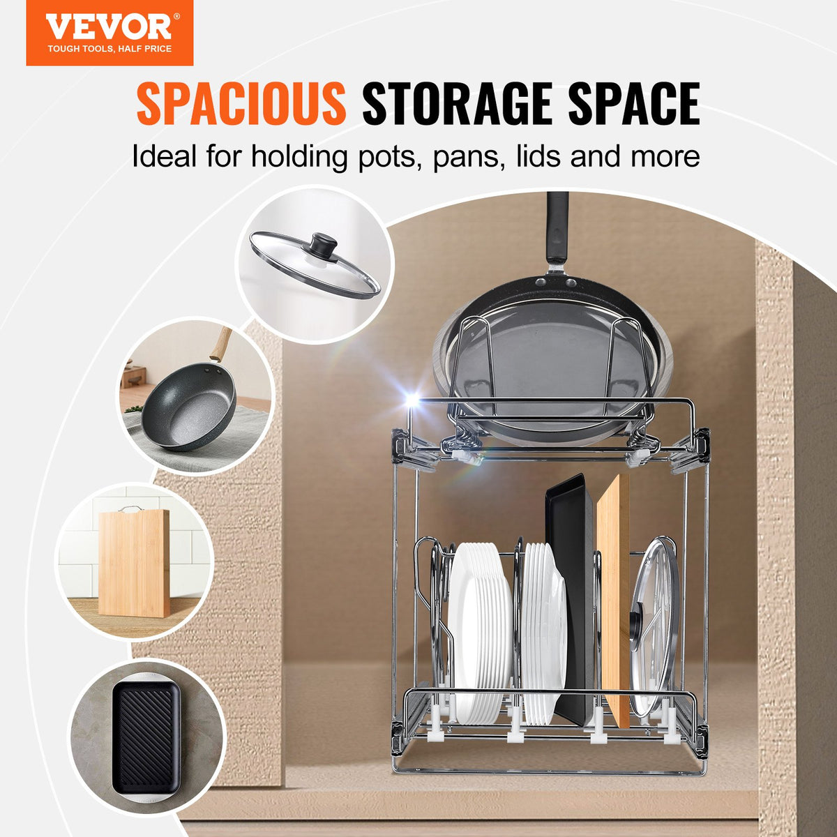 VEVOR Pull-Out Shelf for Pans and Lids 30.5 cm, Two-Tier, Adjustable, Steel