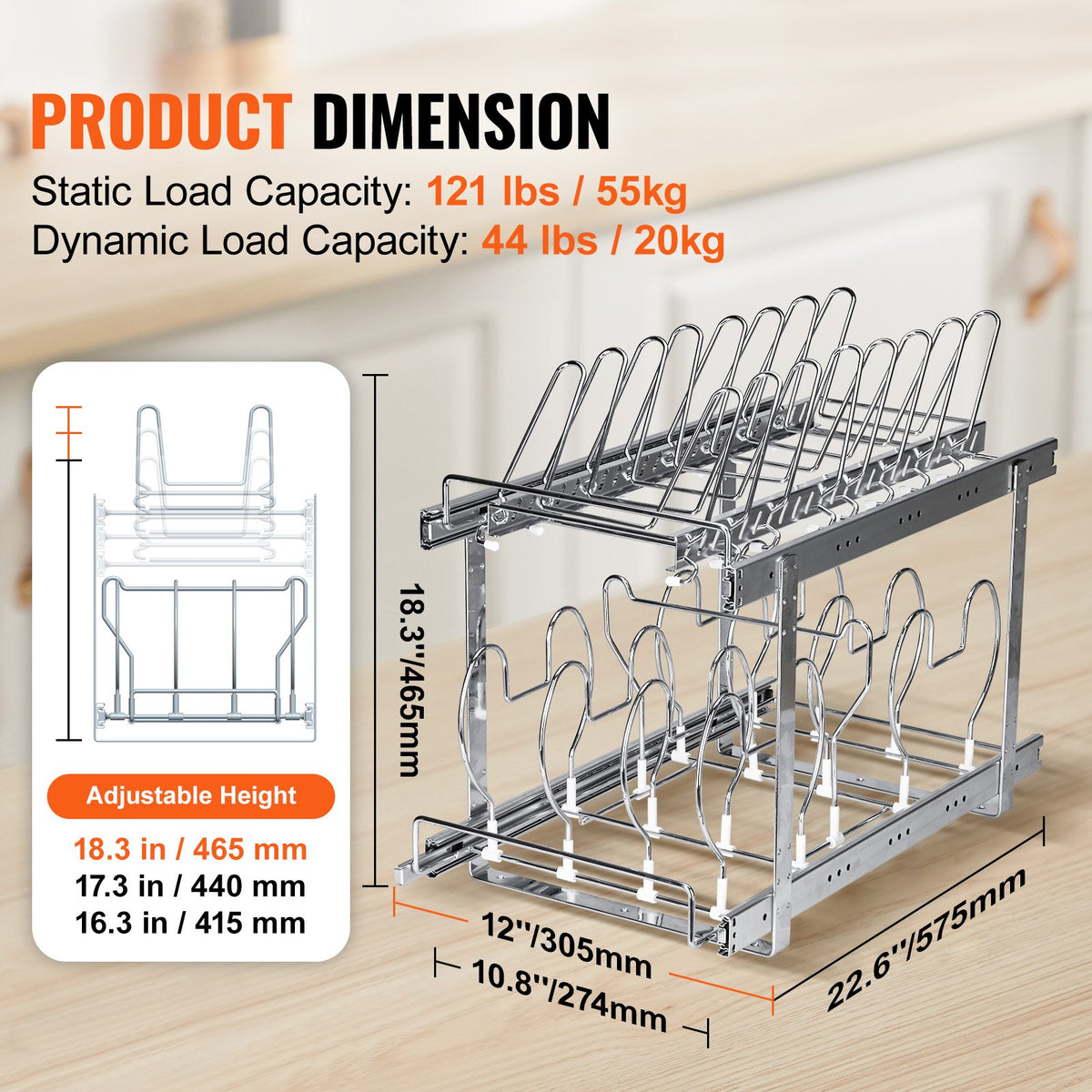 VEVOR Pull-Out Shelf for Pans and Lids 30.5 cm, Two-Tier, Adjustable, Steel