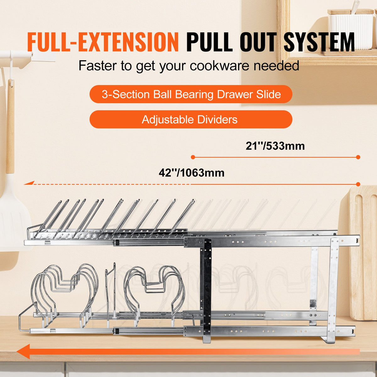 VEVOR Pull-Out Shelf for Pans and Lids 30.5 cm, Two-Tier, Adjustable, Steel