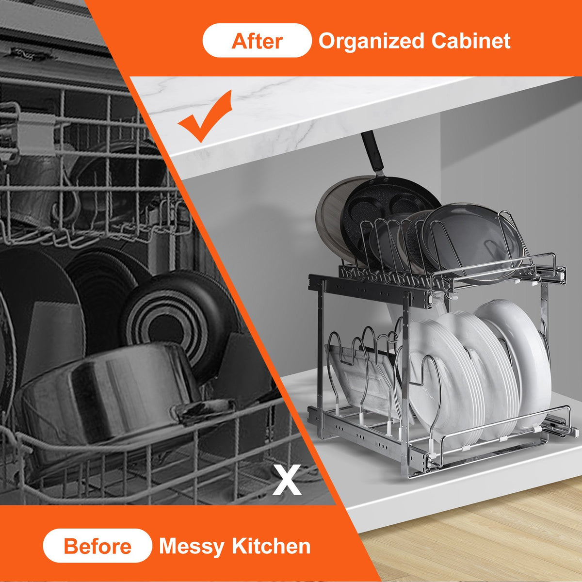 VEVOR Pull-Out Shelf for Pans and Lids 30.5 cm, Two-Tier, Adjustable, Steel