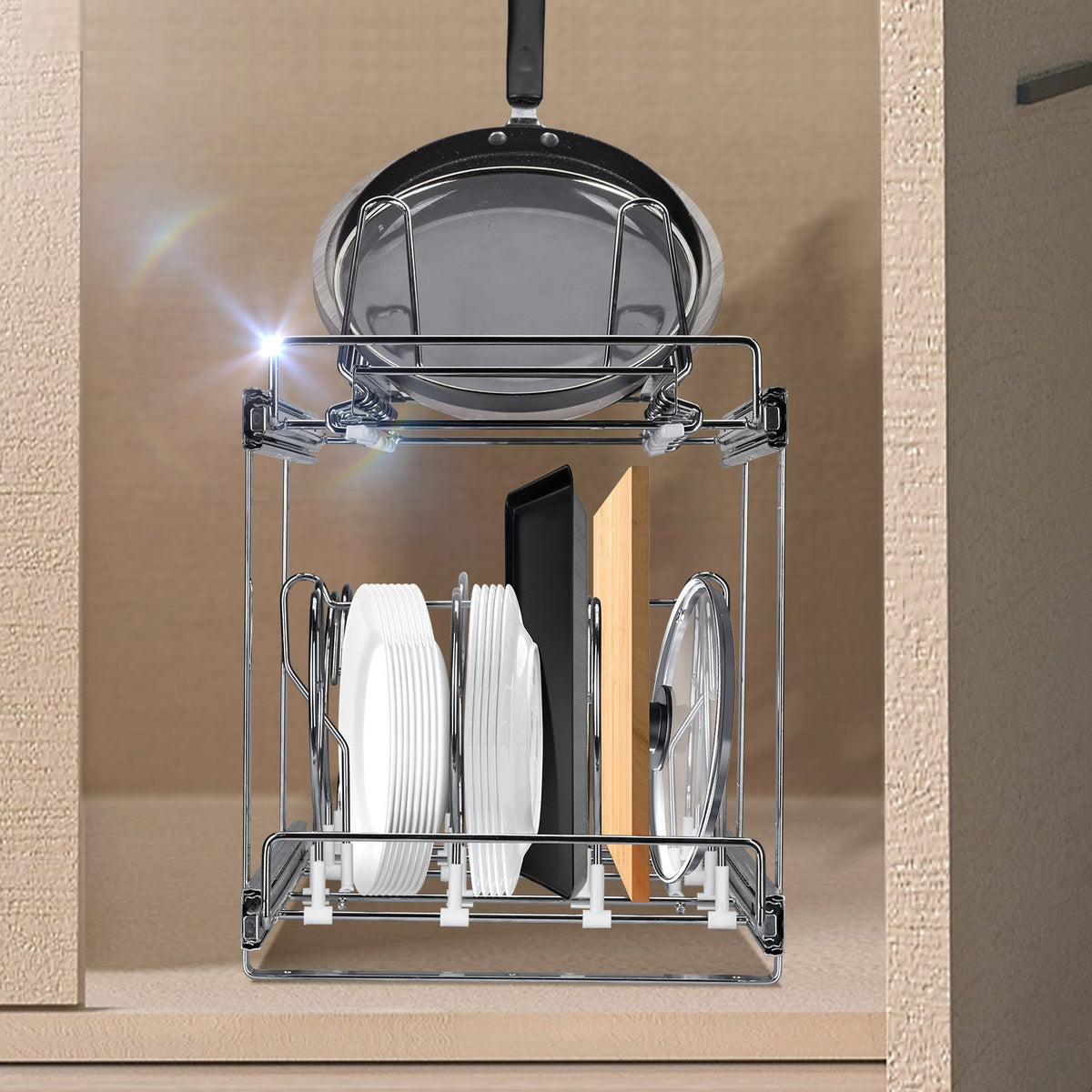 VEVOR Pull-Out Shelf for Pans and Lids 30.5 cm, Two-Tier, Adjustable, Steel