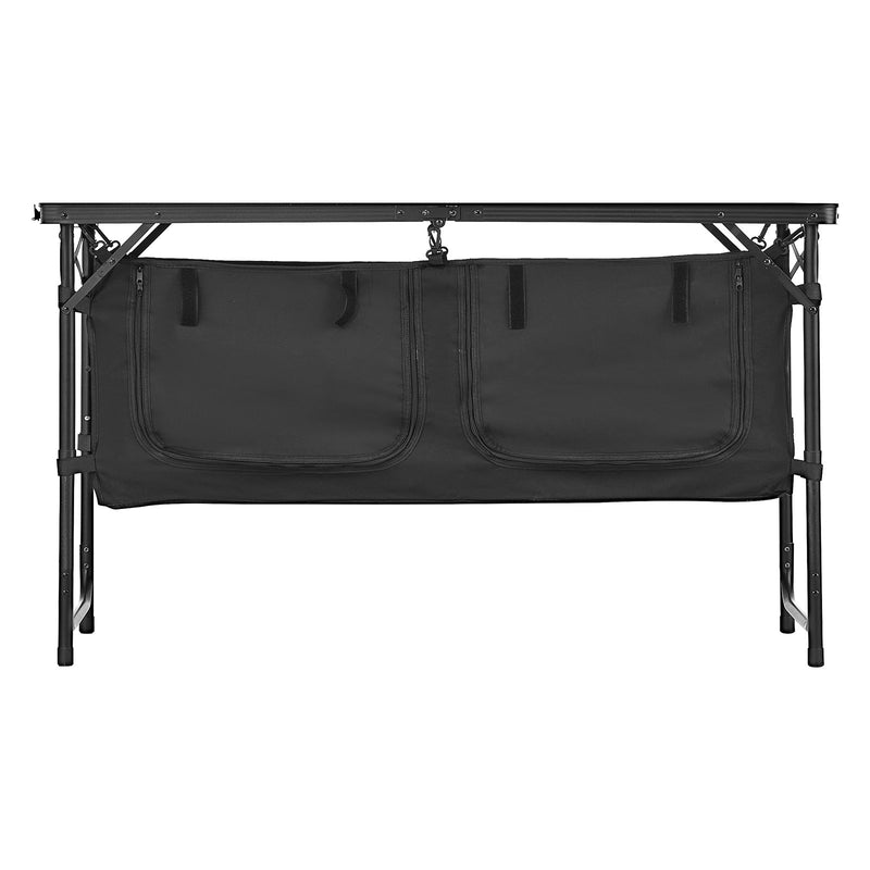 Saliekams kempinga virtuves galds ar regulējamu augstumu un uzglabāšanas vietu