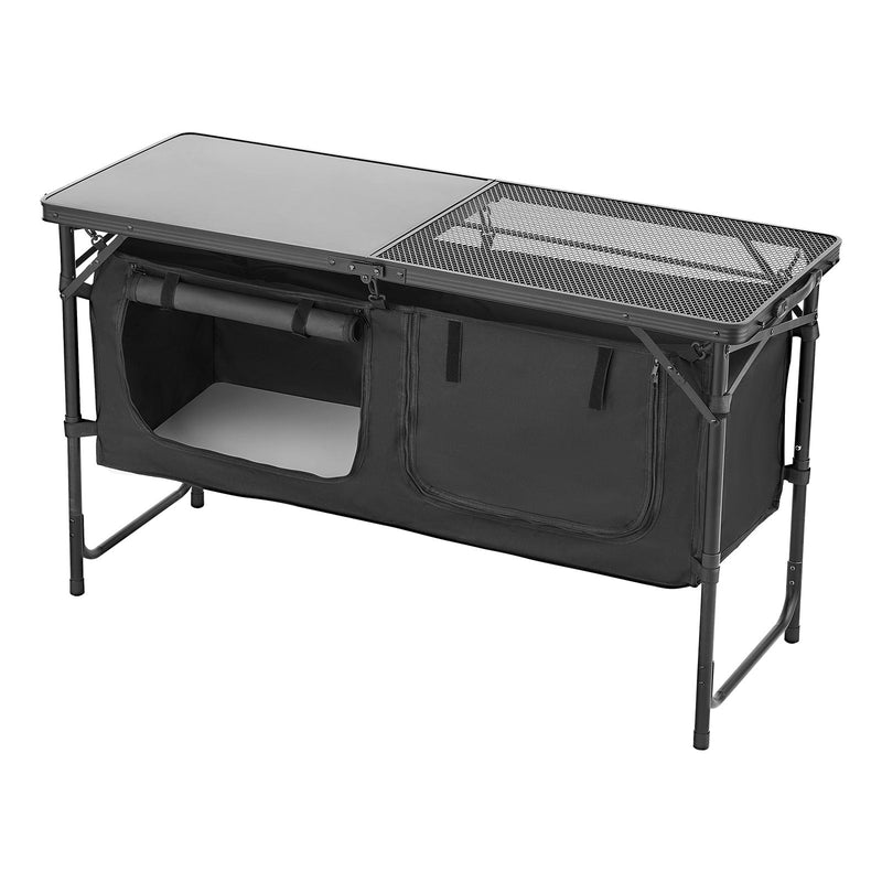 Saliekams kempinga virtuves galds ar regulējamu augstumu un uzglabāšanas vietu