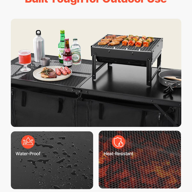 Saliekams kempinga virtuves galds ar regulējamu augstumu un uzglabāšanas vietu