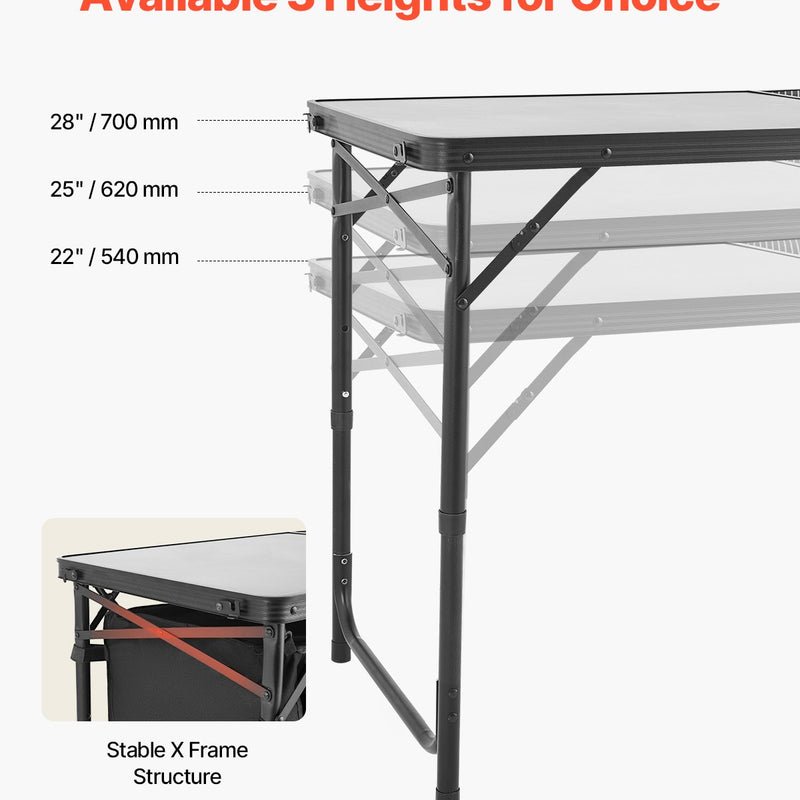 Saliekams kempinga virtuves galds ar regulējamu augstumu un uzglabāšanas vietu