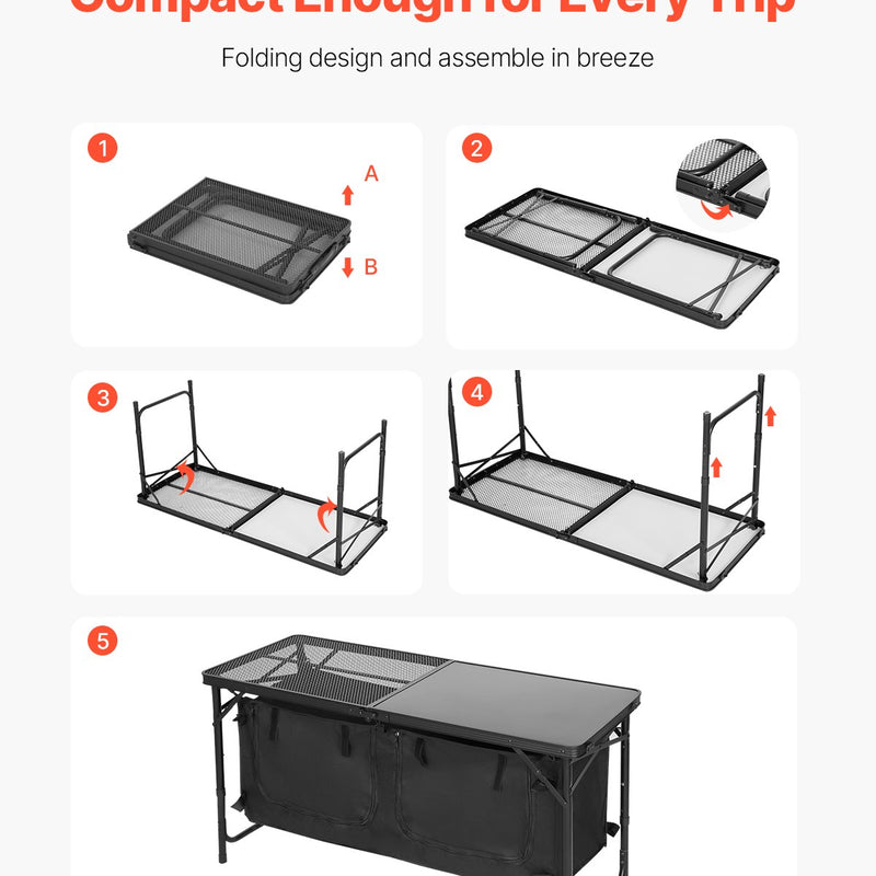Saliekams kempinga virtuves galds ar regulējamu augstumu un uzglabāšanas vietu