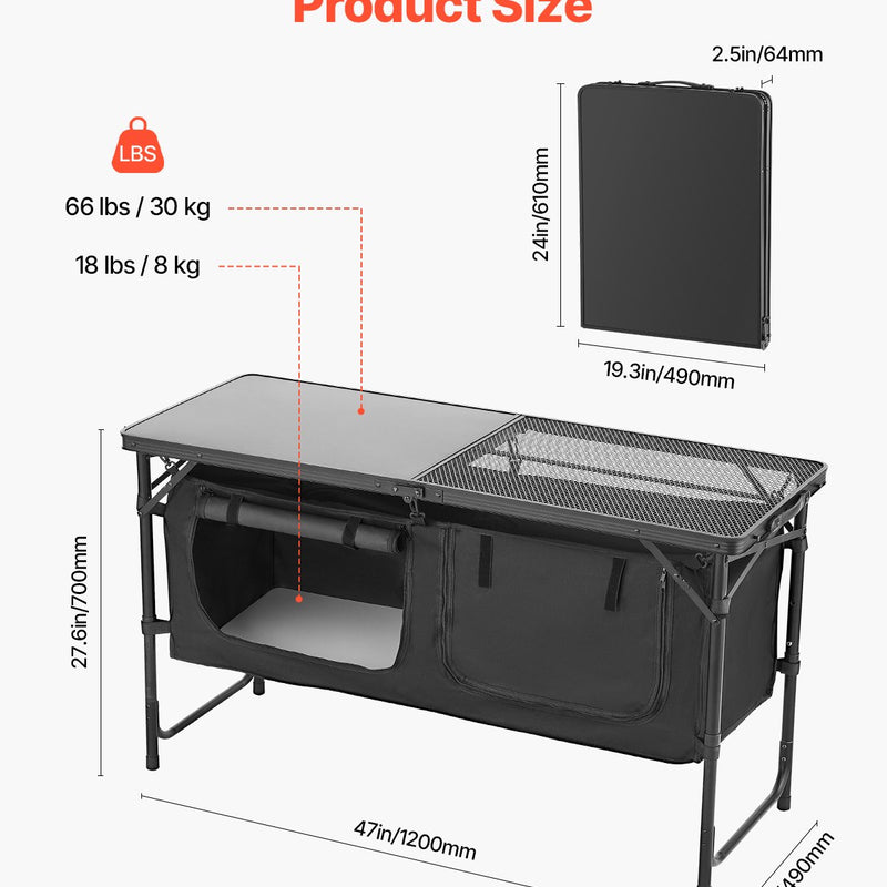 Saliekams kempinga virtuves galds ar regulējamu augstumu un uzglabāšanas vietu