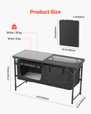 Saliekams kempinga virtuves galds ar regulējamu augstumu un uzglabāšanas vietu