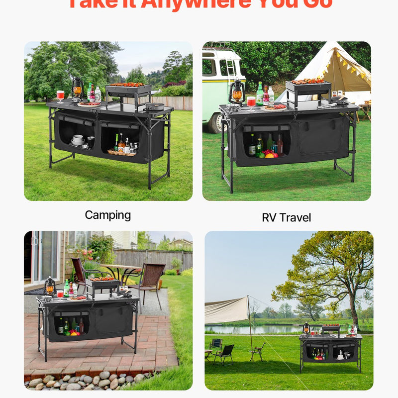 Saliekams kempinga virtuves galds ar regulējamu augstumu un uzglabāšanas vietu