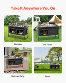 Saliekams kempinga virtuves galds ar regulējamu augstumu un uzglabāšanas vietu