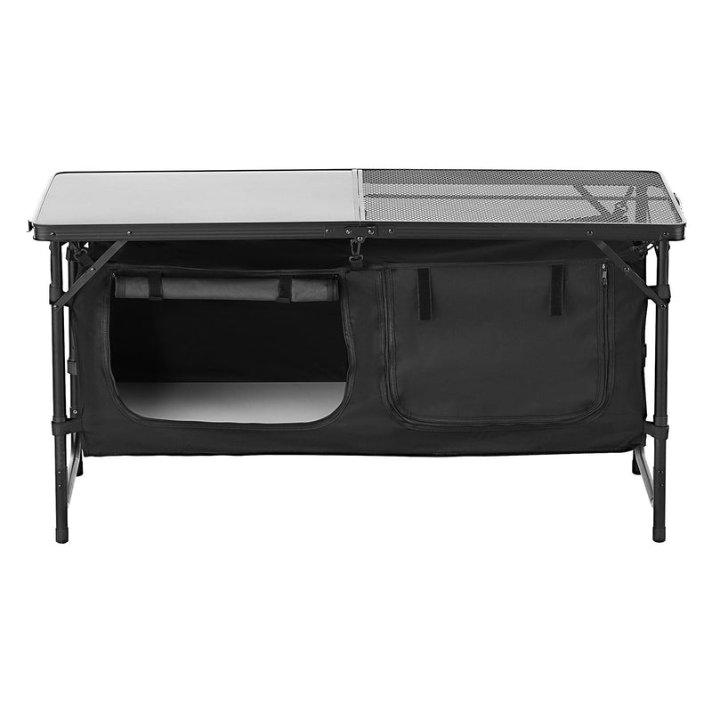 Saliekams kempinga virtuves galds ar regulējamu augstumu un uzglabāšanas vietu