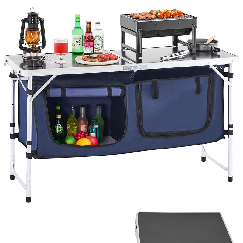 Saliekams kempinga virtuves galds ar regulējamu augstumu – 3 pozīcijas, portatīva gatavošanas stacija